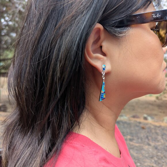 Handmade Native American Multi-Stones Dangle Earrings Sterling Silver Jewelry ** - Picture 9 of 11